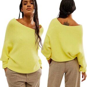 Free People Ottoman Check Knit Sweater Pullover Womens XL Lemon Yellow Boho NWT